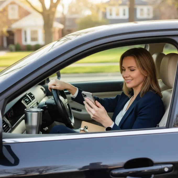 30 代半ばのプロの不動産業者が、自分の車の運転席に静かに座っている、写実的な肖像画。