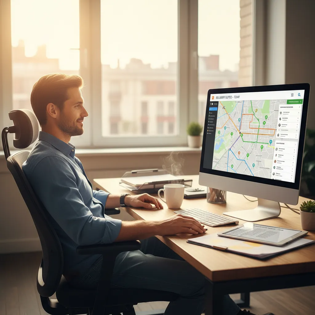 Fotorealistický širokoúhlý záběr majitele firmy s doručováním nábytku, kterému je něco málo přes třicet, jak sebevědomě sedí u svého stolu v...