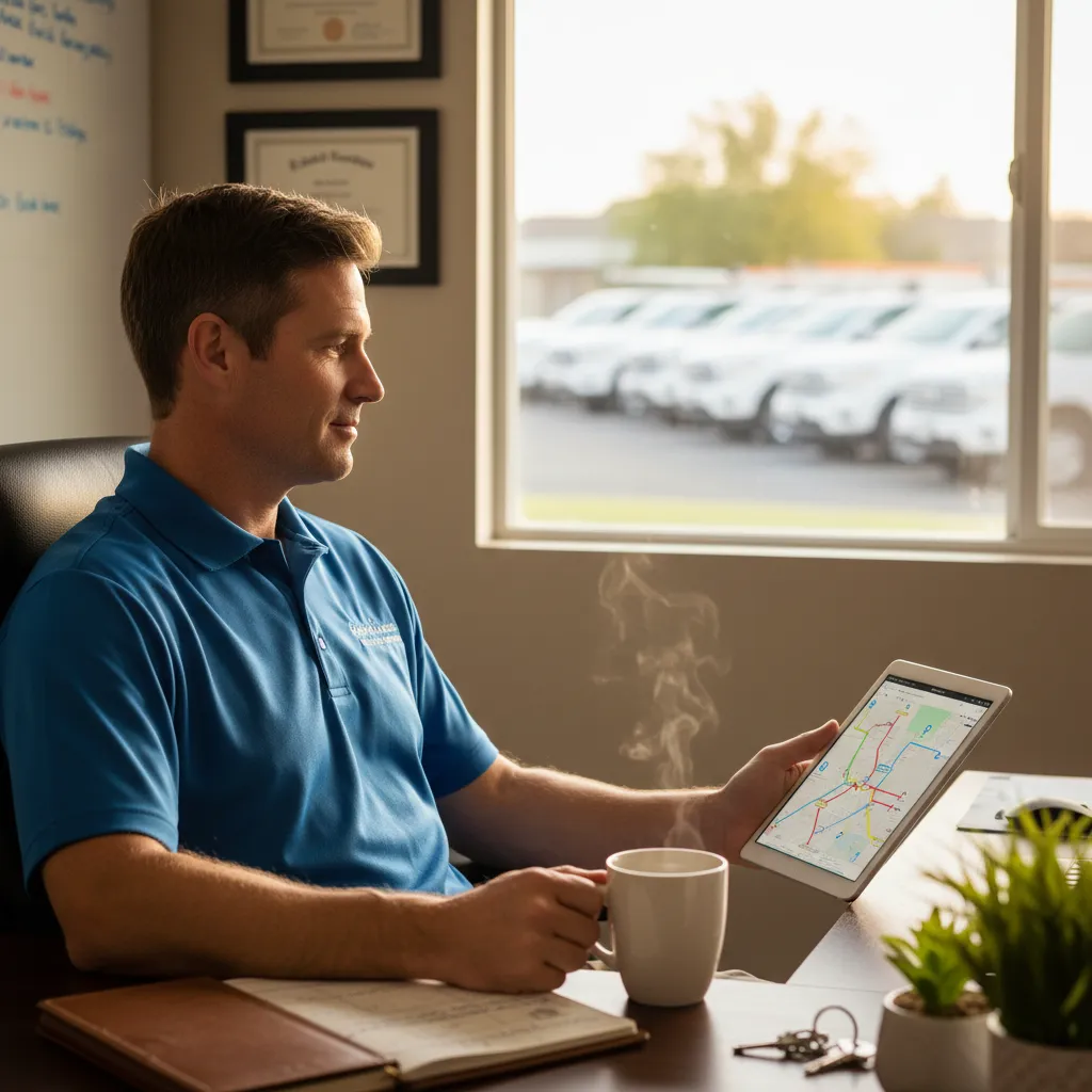 A photorealistic documentary-style medium shot of a pool service business owner in his mid-40s sitting calmly at his...