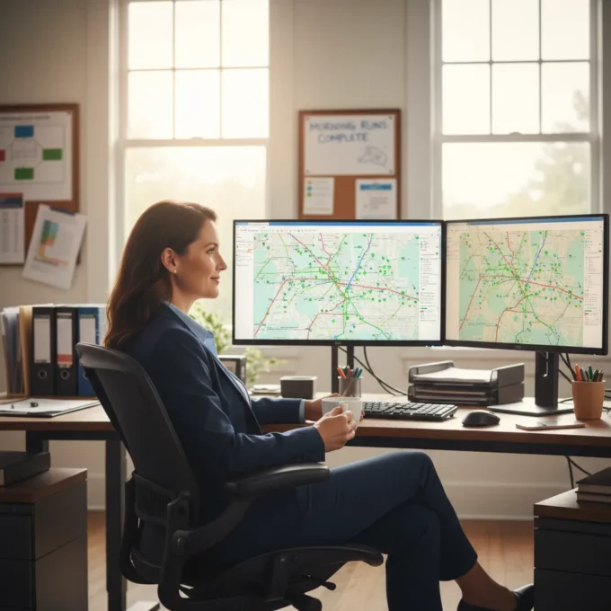 A photorealistic medium shot of a field service operations manager in her mid-40s sitting confidently at her desk in a...