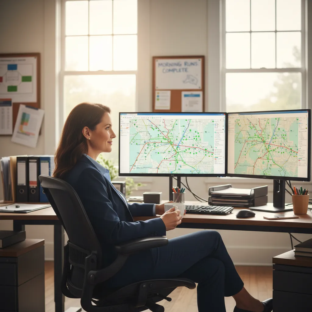 A photorealistic medium shot of a field service operations manager in her mid-40s sitting confidently at her desk in a...