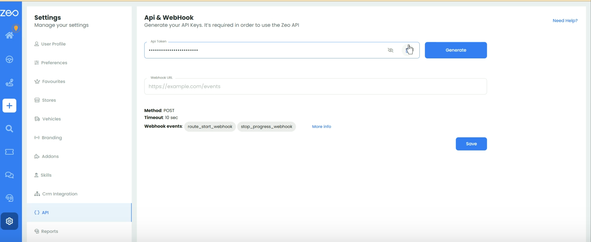 设置 Zeo 路线规划器的 API 和 Webhook 集成以实现更智能的工作流程，Zeo 路线规划器