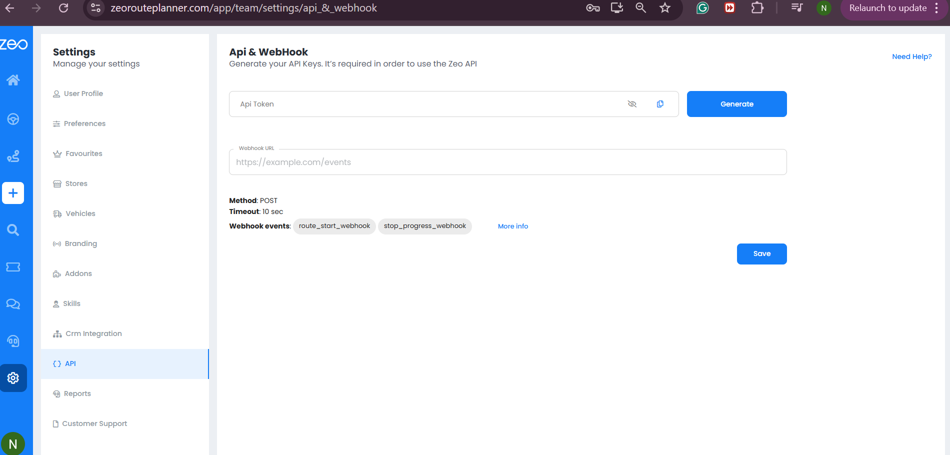 设置 Zeo 路线规划器的 API 和 Webhook 集成以实现更智能的工作流程，Zeo 路线规划器