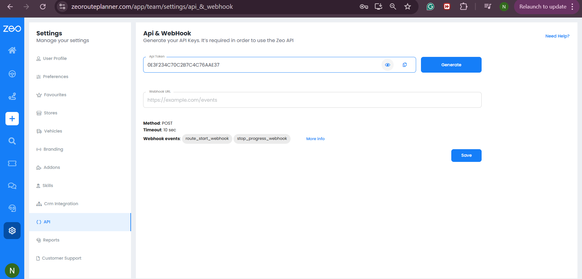 设置 Zeo 路线规划器的 API 和 Webhook 集成以实现更智能的工作流程，Zeo 路线规划器